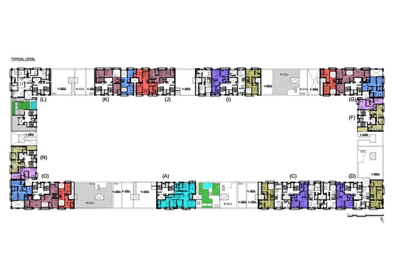 Typical level floor plan with color-coded unit types arranged around a central courtyard void and lettered circulation towers