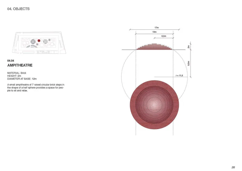 Section and plan drawings of a circular amphitheater with concentric stepped seating rings