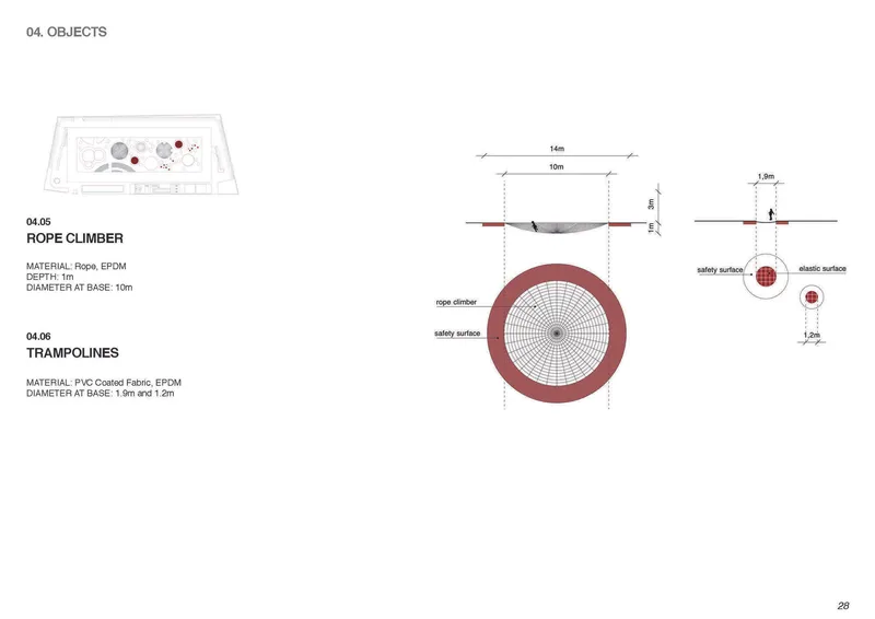 Plan and section drawings showing a circular rope climber and trampolines with dimensional annotations