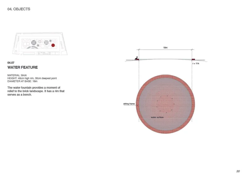 Plan and section drawings of a circular water feature with brick rim and fountain jets
