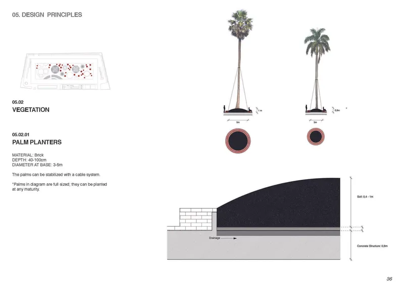 Elevation and plan drawings showing palm planter details with drainage layers and concrete structure