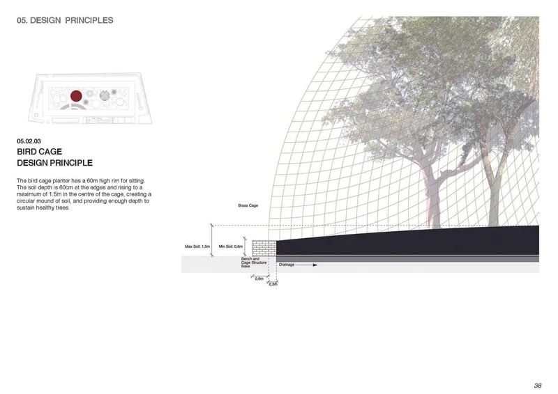 Section drawing showing wire mesh bird cage with trees and drainage system below brick pavers