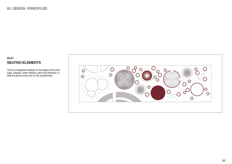 Plan drawing showing circular seating elements and water features scattered across a rectangular site