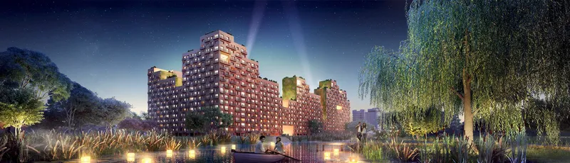 Night rendering of illuminated brick apartment towers across a waterway with willow trees