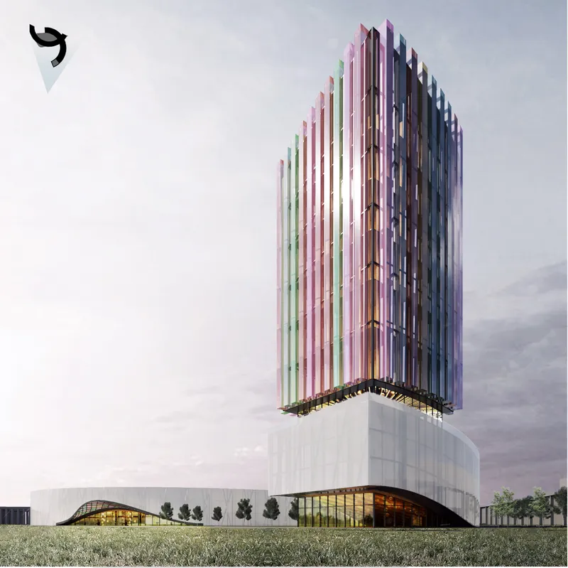Perspective view of the fashion tower, defined by colored glass blades and a raised exhibition volume.