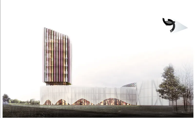 East-side view of Vector Hub, where a translucent civic base supports a colorful vertical fashion tower.