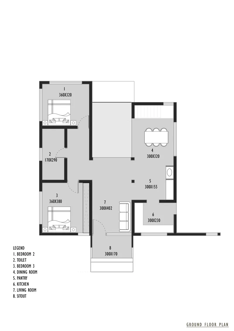 Ground floor plan drawing showing two bedrooms, living room, dining room, kitchen and stout arranged around a central space