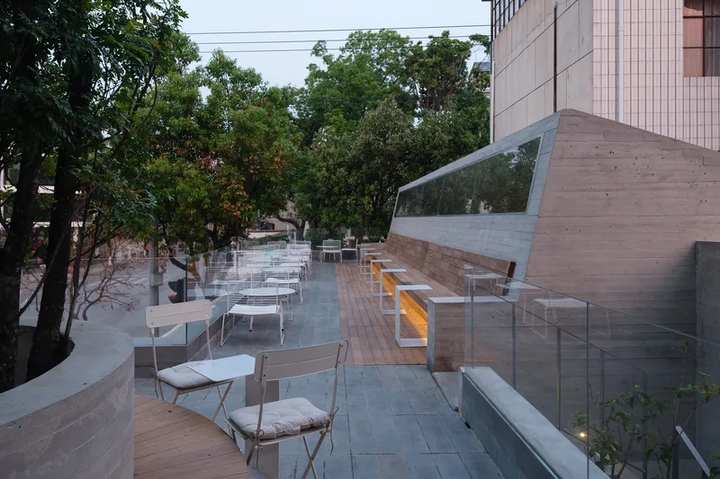 Rooftop terrace with timber decking and glass balustrade overlooking mature trees at dusk