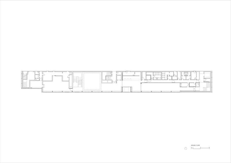 Ground floor plan drawing showing elongated rectangular layout with rooms along both sides