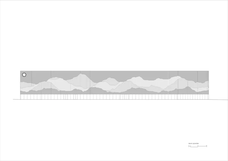 Elevation drawing depicting the undulating roof profile with vertical timber cladding below