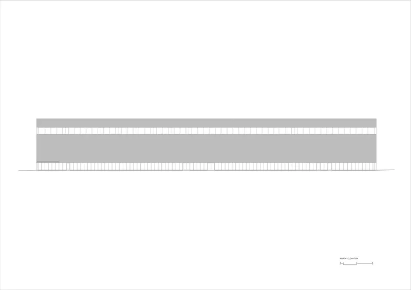 Elevation drawing showing the flat horizontal facade with a continuous upper clerestory band