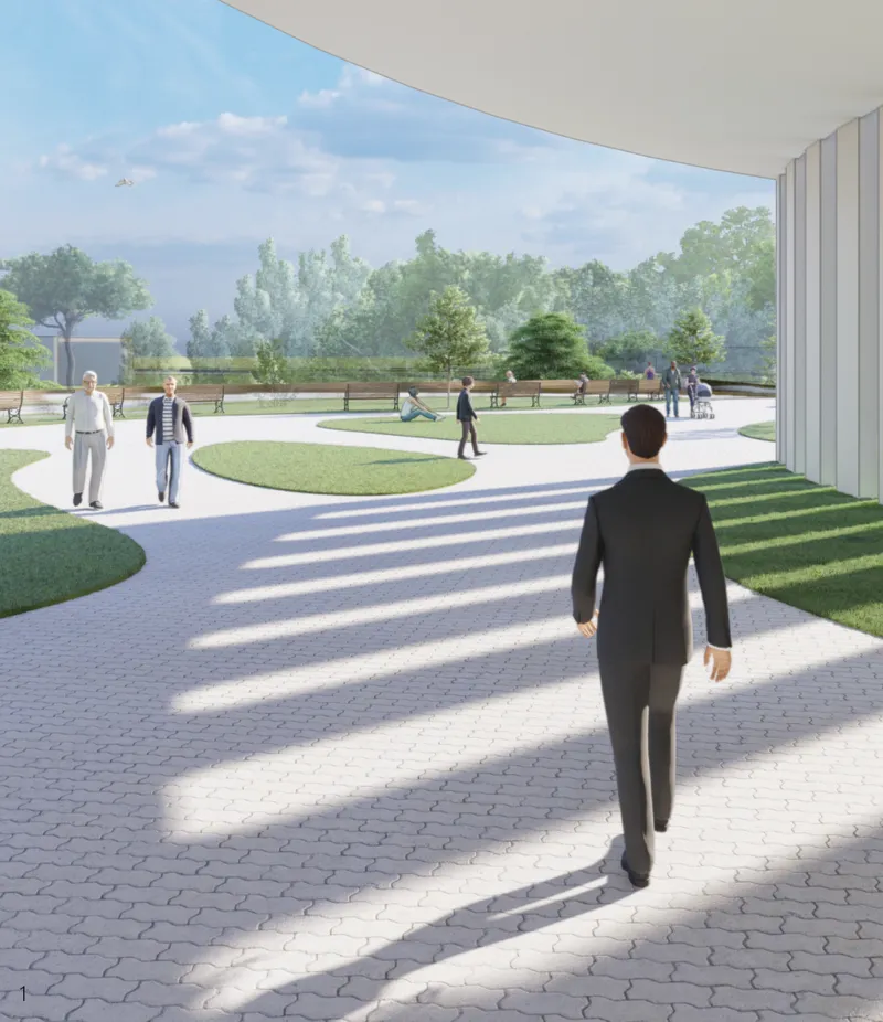 Curved walkways and open gardens guide visitors into the slow fashion cultural hub.