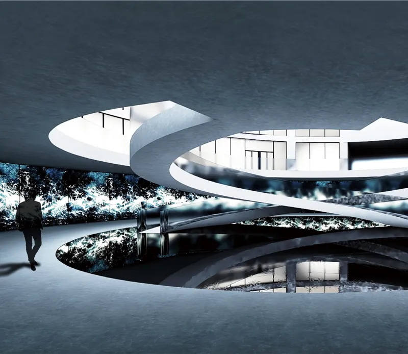 Immersive underground square with curved ramps, reflective surfaces, and media walls.