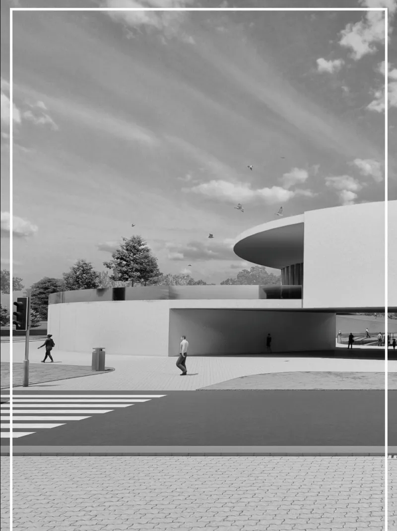 Black-and-white exterior view emphasizing the building’s clean massing and civic character.