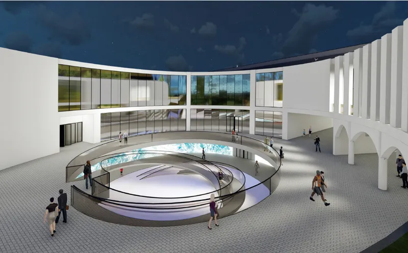 Central circular plaza designed for movement, gathering, exhibitions, and public interaction.