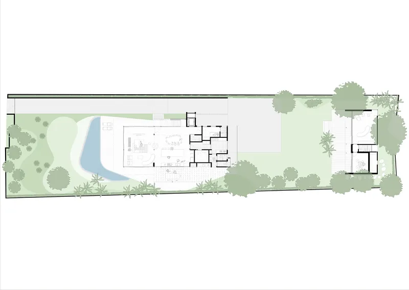 Ground floor plan showing a curving pool, linear building volume, and surrounding landscape with trees