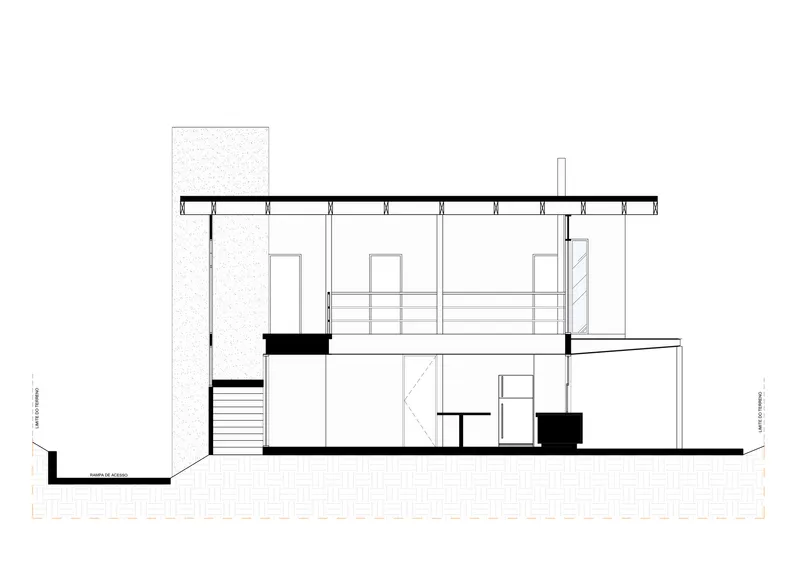 Section drawing revealing two-story interior volumes, staircase, and flat roof with exposed structural beams