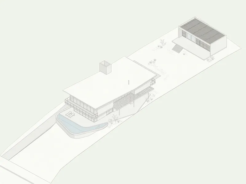 Axonometric drawing showing two low-rise volumes connected by a covered walkway with a curved water feature