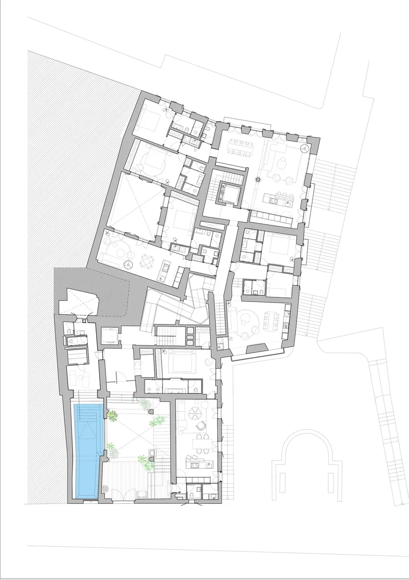 Floor plan drawing showing apartment layouts with a pool and planted terrace on the lower level