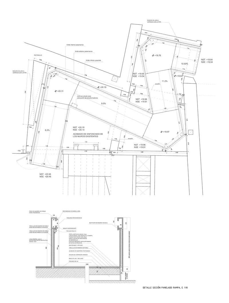 Floor plan and wall section details showing angled wall assemblies with material annotations in Spanish