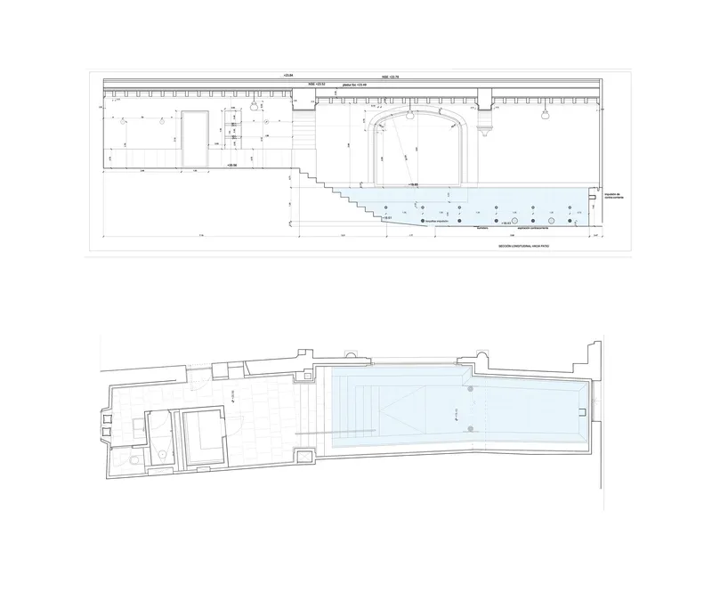 Section and floor plan drawings showing a narrow lot with a pool and staircase