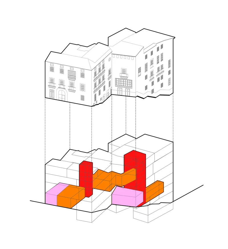 Axonometric diagram showing programmatic volumes in red, orange, and pink below existing building facades