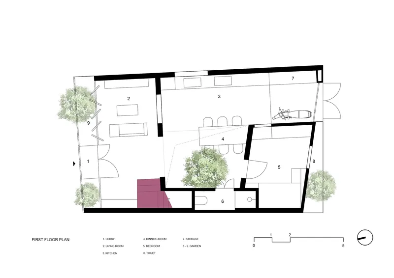 First floor plan drawing showing living areas and kitchen wrapped around a central planted courtyard