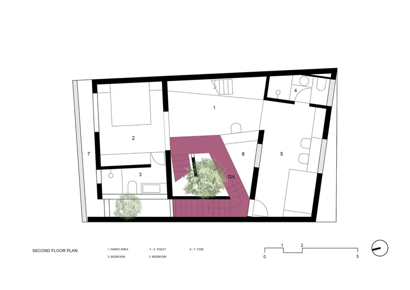 Second floor plan drawing showing bedrooms and family area organized around a stairwell and central void