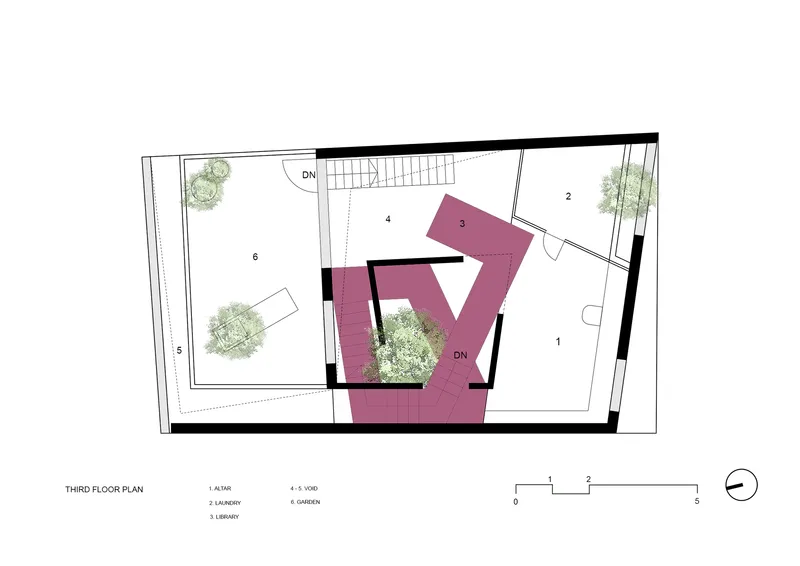 Third floor plan drawing showing the rooftop altar, laundry, and library spaces surrounding the central planted opening