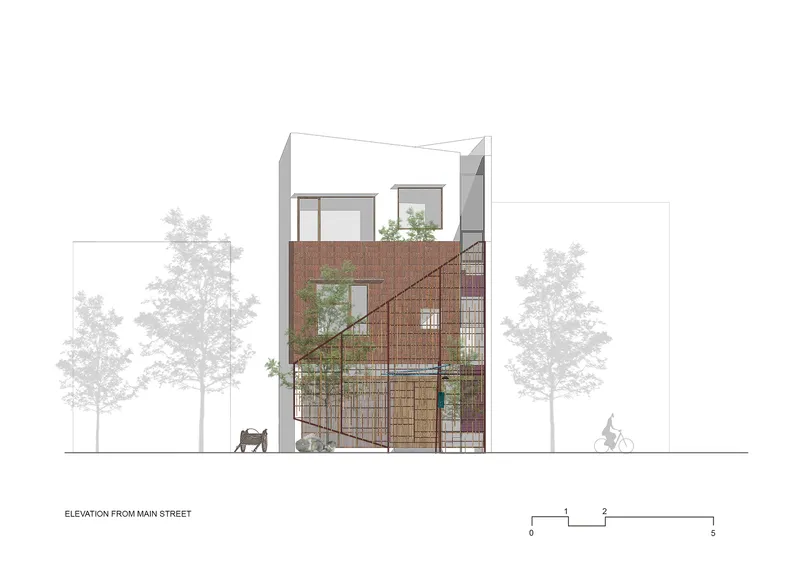 Front elevation drawing with brick facade, diagonal exterior stair, planted balconies, and figures with trees