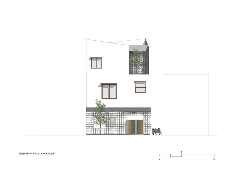 Rear elevation drawing showing white plaster walls, timber windows, grid screen balcony, and small tree at entry
