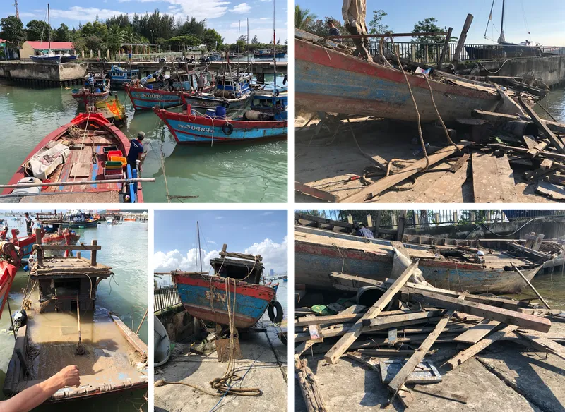 Photo collage showing deconstructed fishing boats at a harbor used as material sources for construction