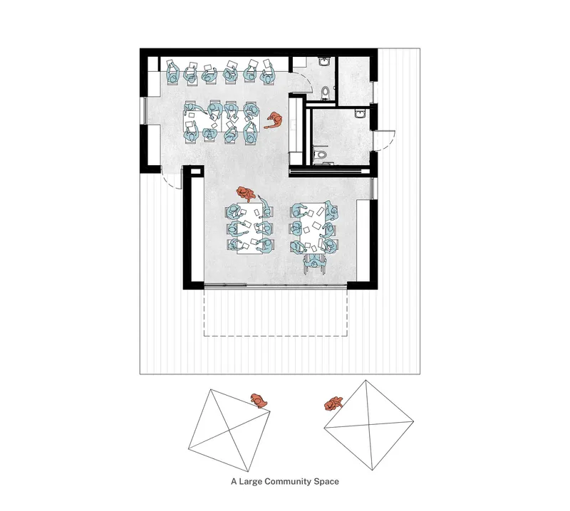 Floor plan drawing depicting classroom seating layout with tables and chairs in two zones