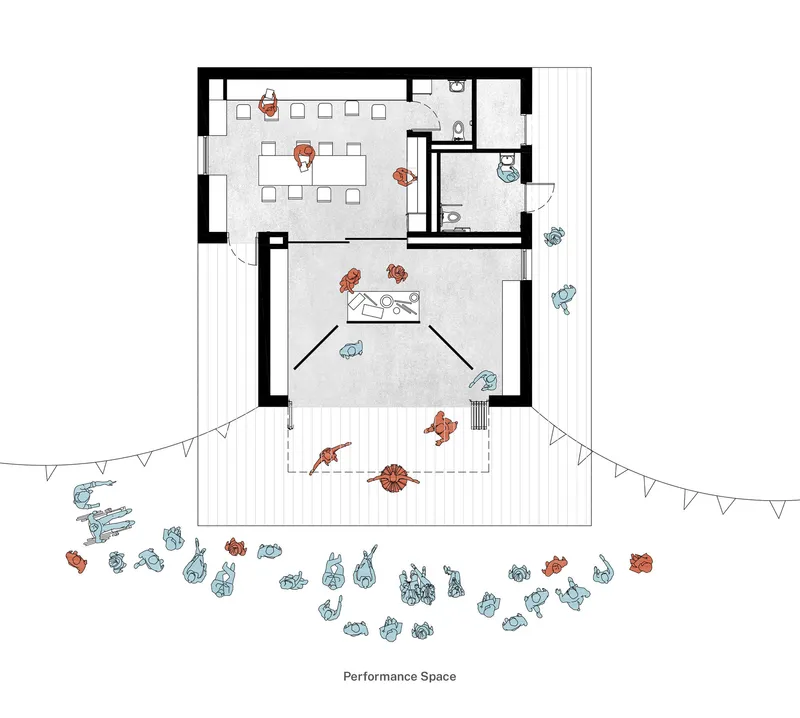 Floor plan drawing illustrating a conference room and performance space with gathered figures outside