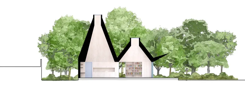 Elevation drawing showing two gabled volumes with tall chimneys nestled among green foliage