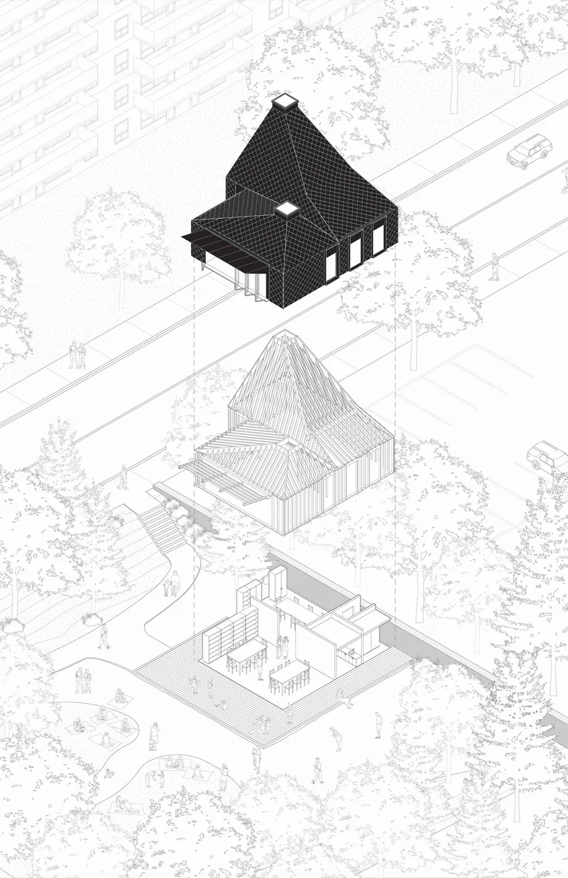 Axonometric drawing of an exploded house with gridded roof and vertical siding in a landscaped setting