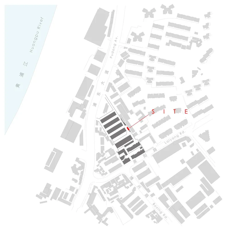 Site plan drawing showing the project location along a narrow street between the Huangpu River and surrounding urban blocks