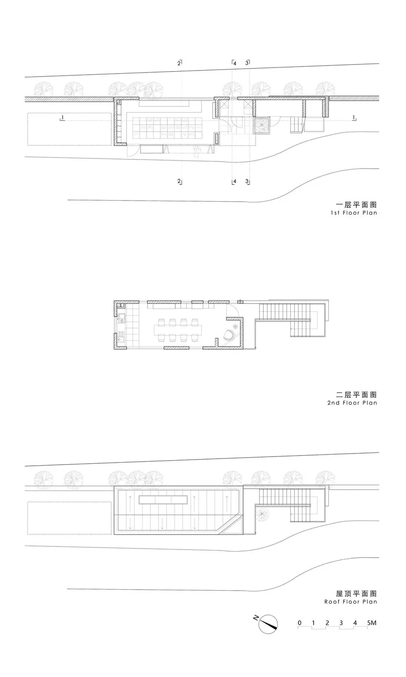 Floor plan drawings showing first floor, second floor, and roof level with street-facing trees indicated in section