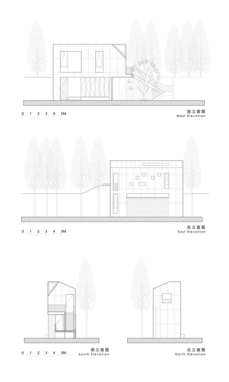 Elevation drawings showing all four facades with landscaped trees in faint outline on either side