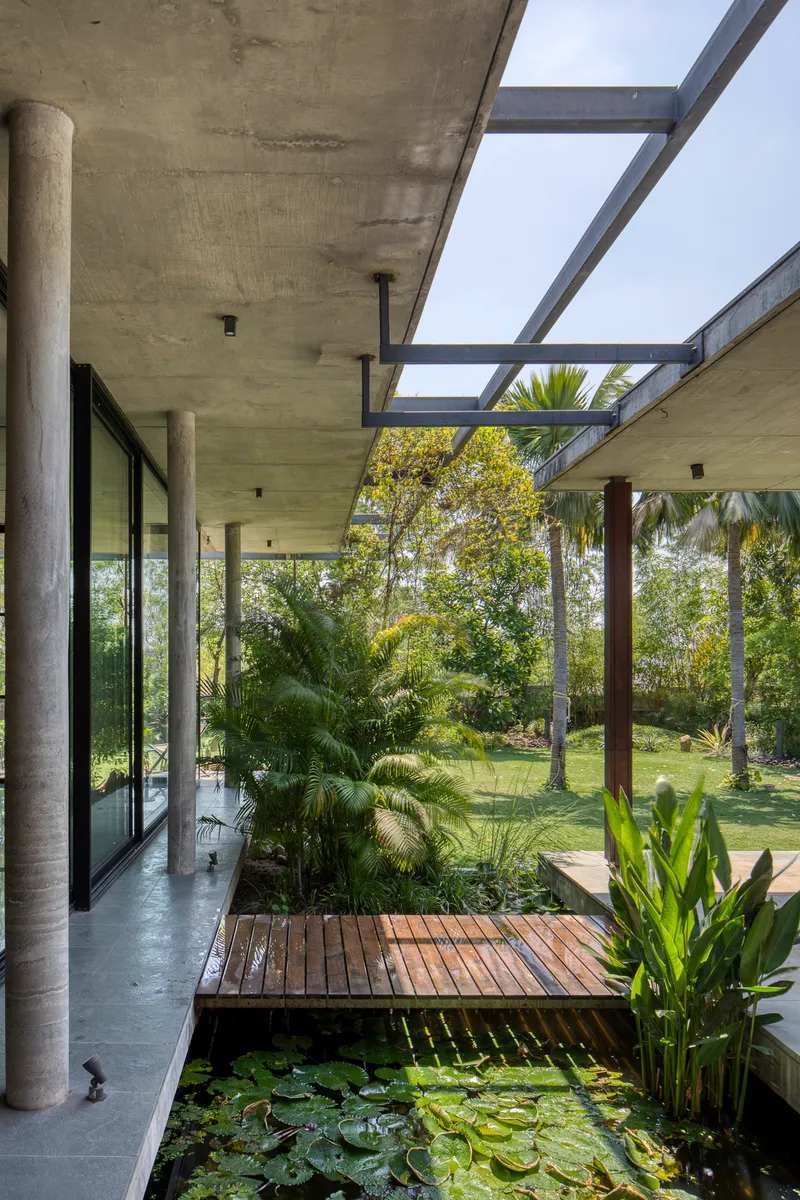 Covered terrace with cylindrical concrete columns and steel pergola overlooking a water garden with palms