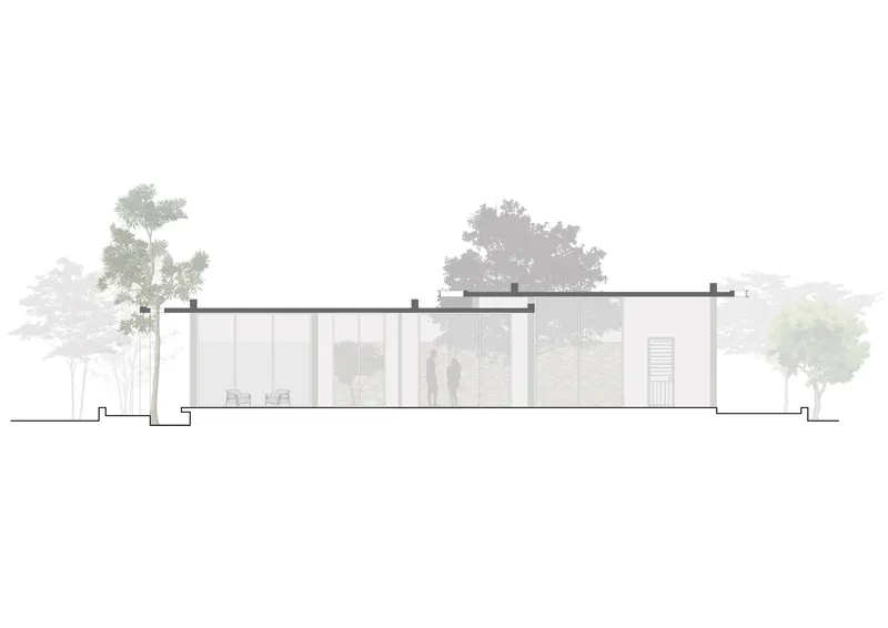 Section drawing showing the single-story structure with flat roof and figures beneath trees