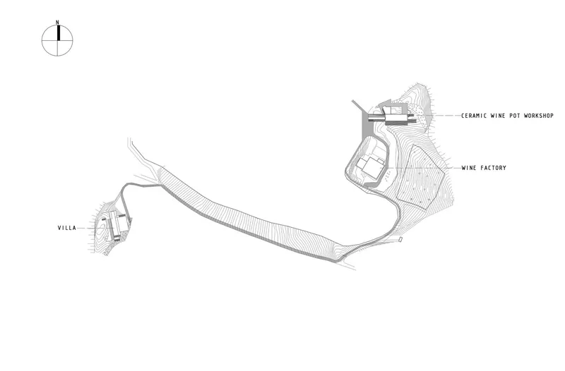 Site plan drawing showing three buildings connected by a curving pathway on sloped topography