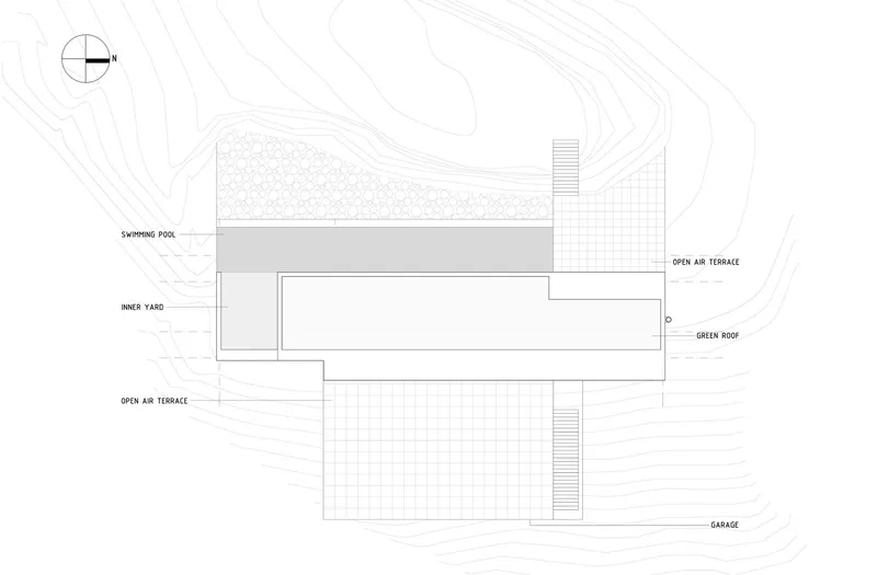 Roof plan drawing with topographic contours showing terraces, pool, green roof and garage locations