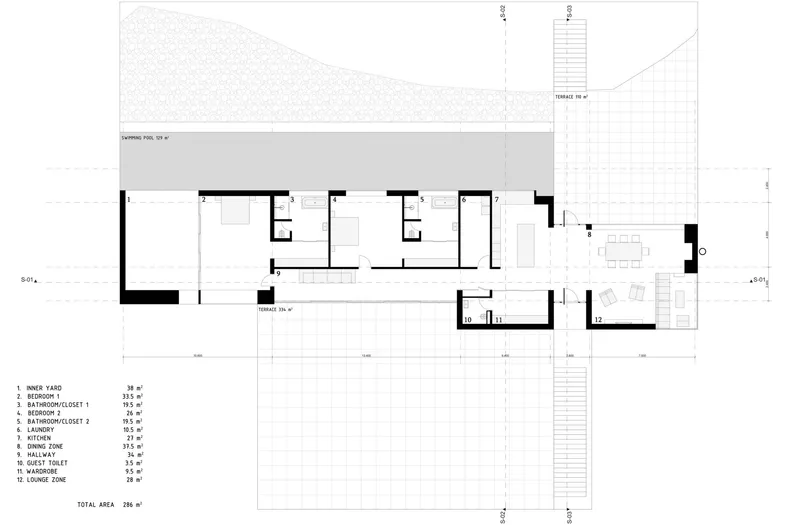 Floor plan drawing with three bedrooms, living area and terraces arranged along a linear bar
