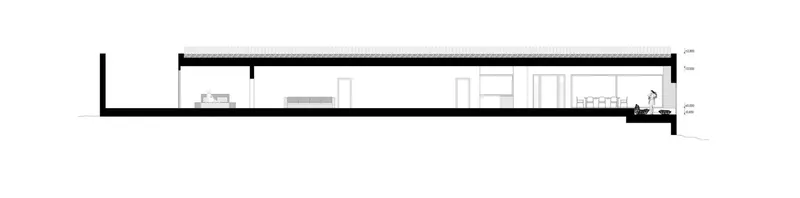 Longitudinal section drawing showing a low-profile horizontal volume with tall left boundary wall