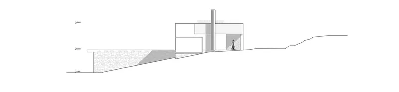 Section drawing showing a two-story volume rising from sloped terrain with a figure inside