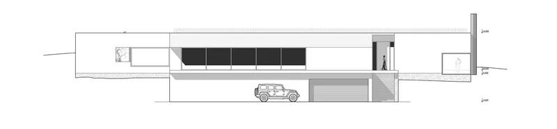 Elevation drawing depicting a linear structure with dark glazing band and parked vehicle below