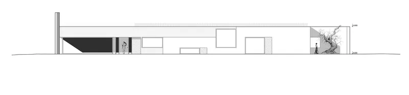 Elevation drawing of a horizontal residence with varied window openings and tree planting at right