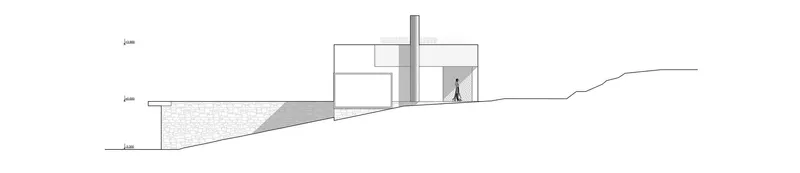 Section drawing illustrating the building set into hillside topography with standing figure