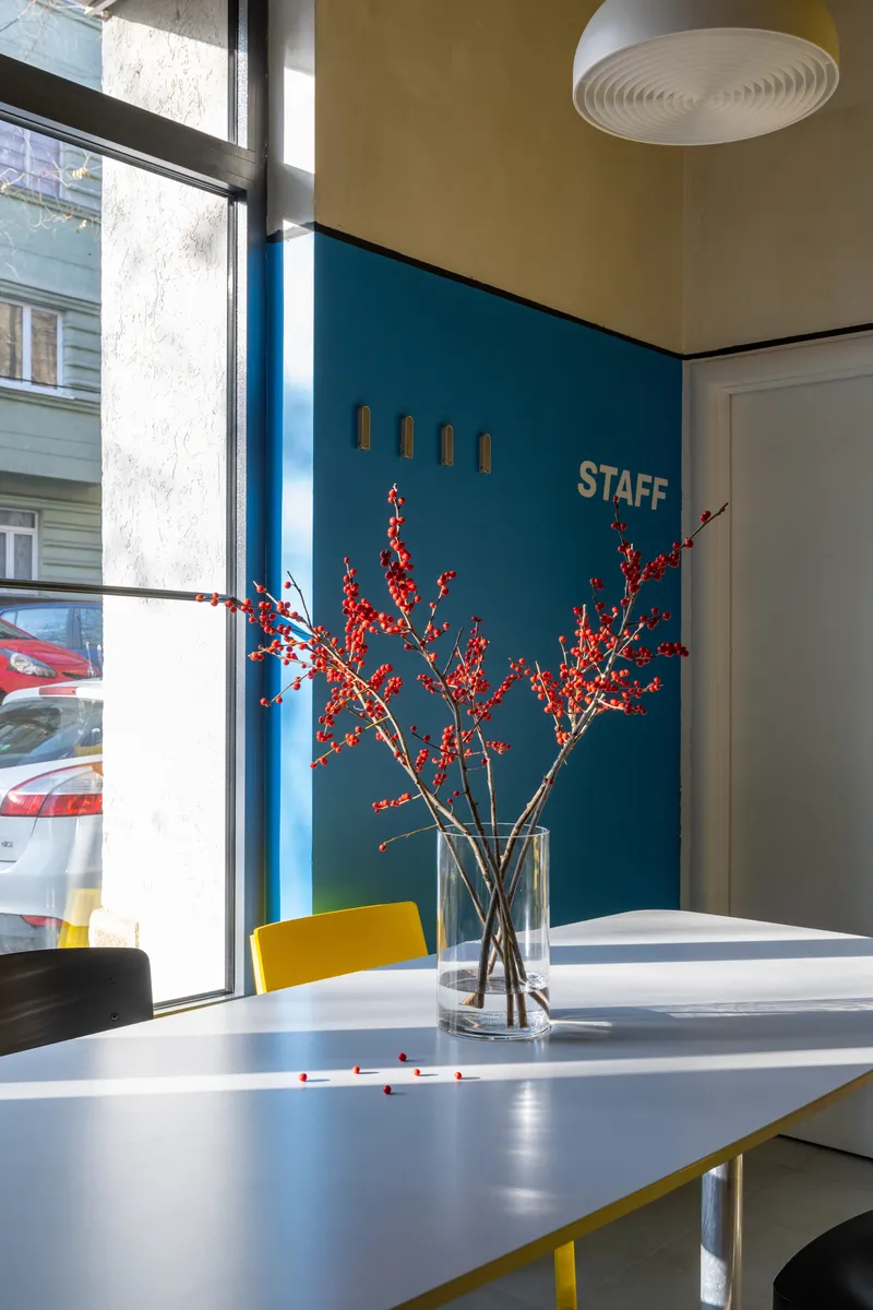 Tabletop with glass vase of red berried branches against blue wall with staff text and sunlight streaming in